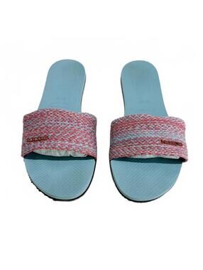 Havaianas Light Blue and Reddish/Pink Slide Sandals Size 9/10